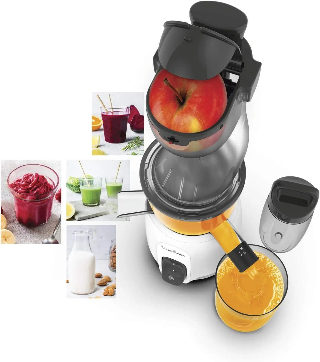 MOULINEX Ultra Juice Entsafter für Kaltsaft 2 Filter Trinkflasche 600 ml extra breit 85 mm Automatisches Programm Easy Clean Entsafter für ganze Früchte und Gemüse, leise, 200 W, ZU600110 - Smeg Point  - Online Handel